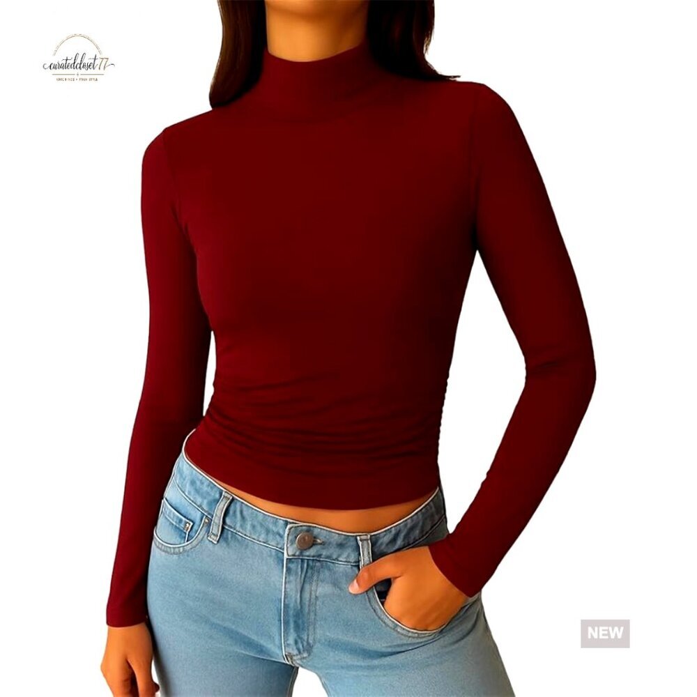 Mock Turtleneck Long Sleeve Slim Fit Tee, Double Lined Stretchy Modal